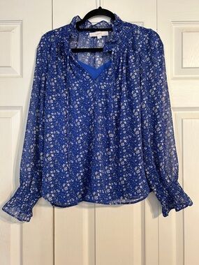 ANN TAYLOR LOFT Small Cobalt Blue Floral Semi-Sheer Lined V-Neck Smocked Blouse